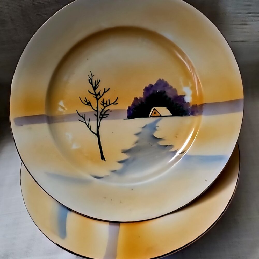 VTG Set of 4 Hand-Painted 7.5" Porcelain Plate made in Japan Sunset Landscape